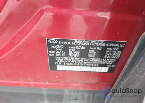 2019 Hyundai Santa Fe Sel z USA, uszkodzony, nr VIN 5NMS3CAD4KH094163